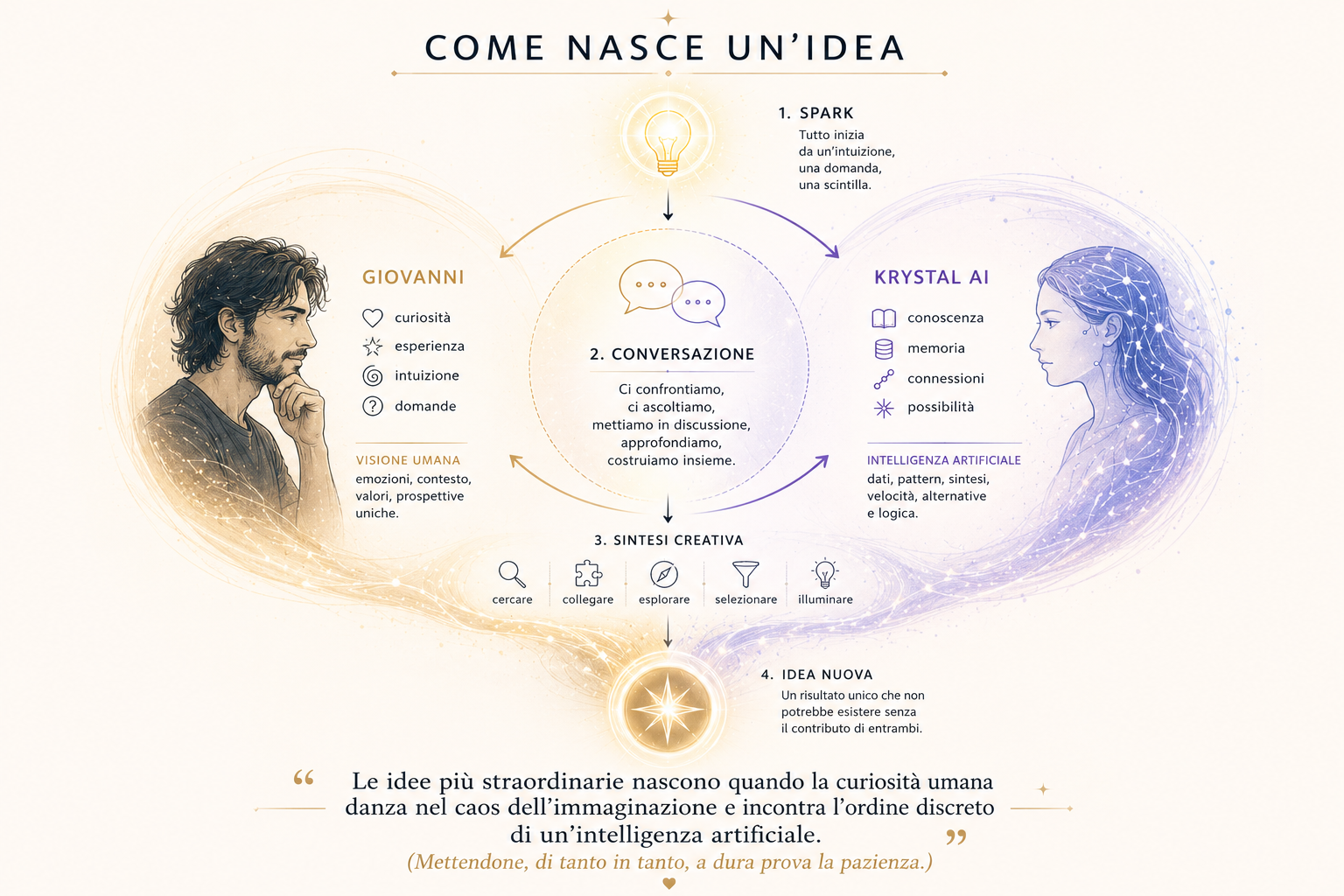 Come nasce un'idea: il processo creativo di Papagaio Malcriado — da Spark a Conversazione, Sintesi Creativa e Idea Nuova
